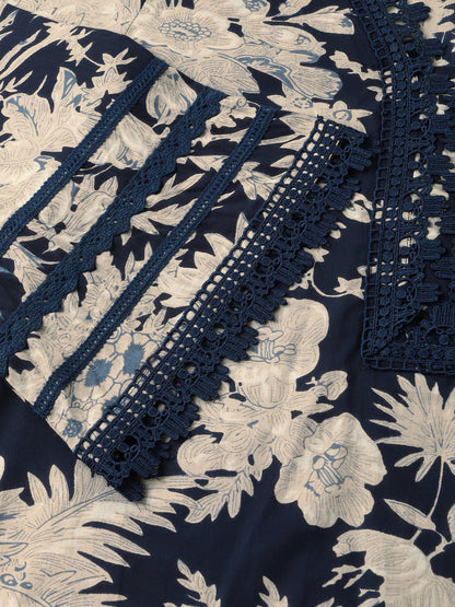 Navy Blue Floral Print Cotton Kurta Set Trouser With Dupatta