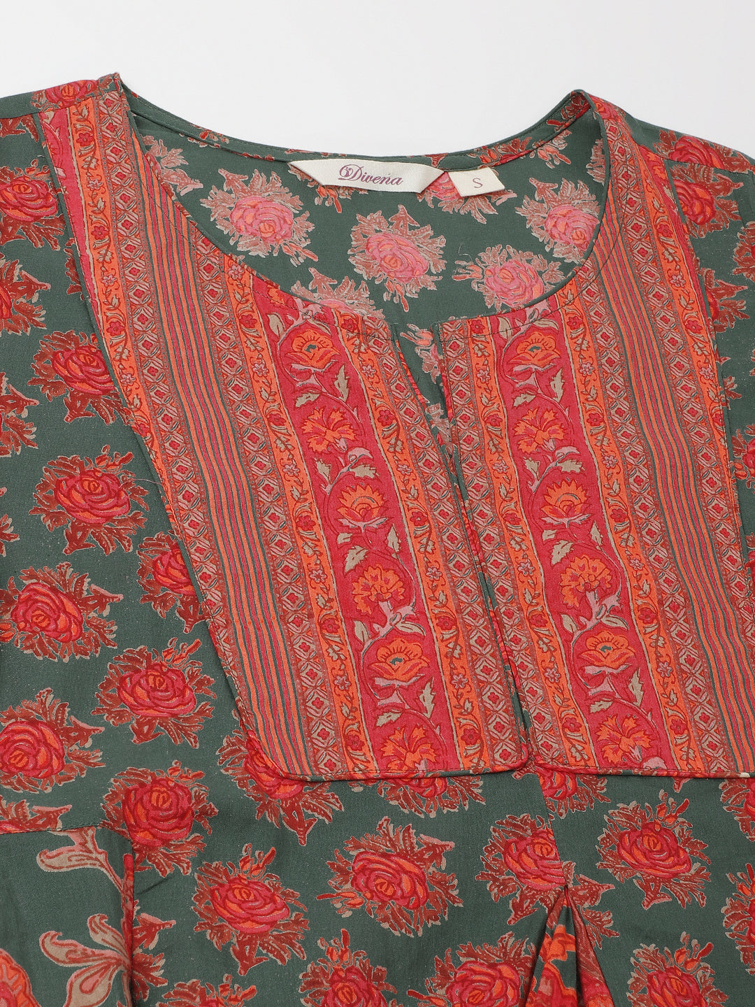 Divena Green Floral Printed Flared Kurta Dress for Women