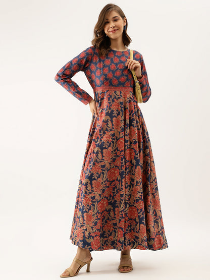Blue Maroon Cotton Ethnic Long Party Wear Kurta for Women