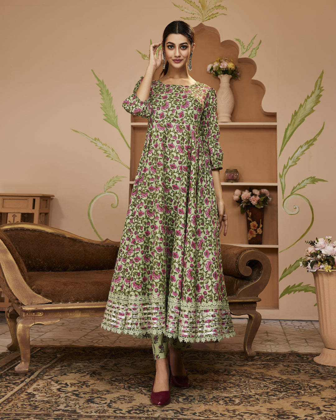 HandBlock Floral Printed Green Anarkali Cotton Kurta Set, Trousers For Women