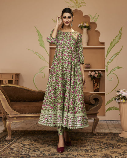 HandBlock Floral Printed Green Anarkali Cotton Kurta Set Trousers For Women