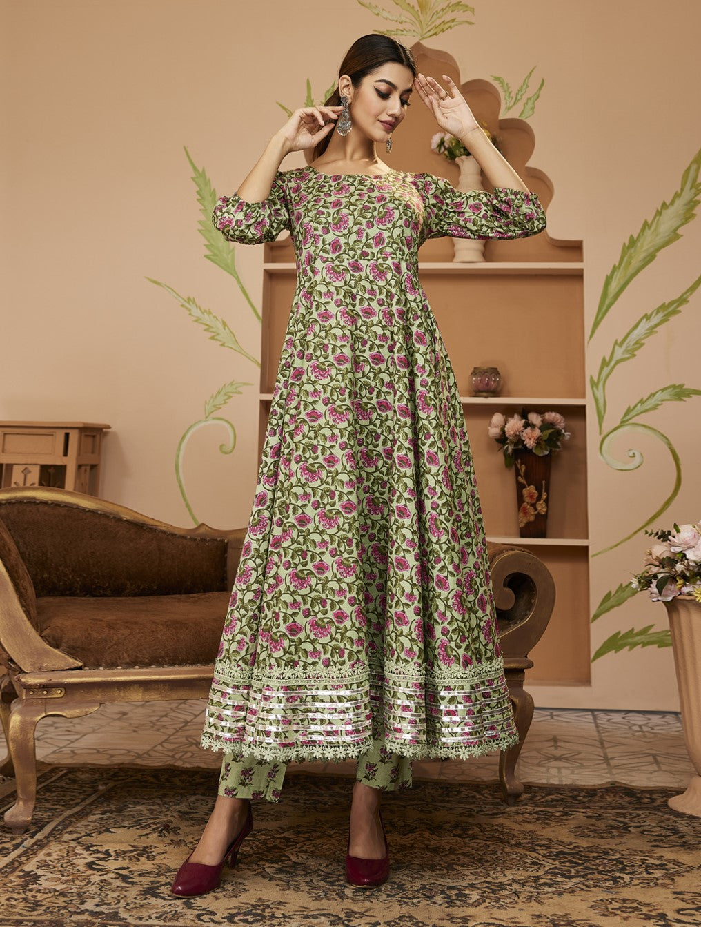 HandBlock Floral Printed Green Anarkali Cotton Kurta Set, Trousers For Women