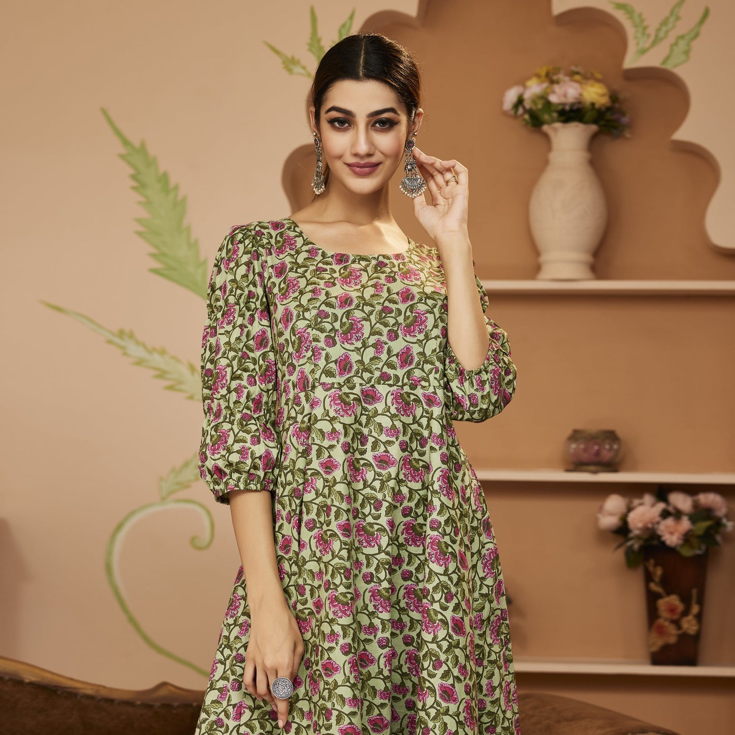 HandBlock Floral Printed Green Anarkali Cotton Kurta Set, Trousers For Women