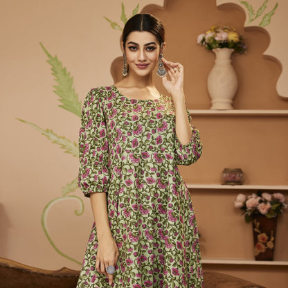 HandBlock Floral Printed Green Anarkali Cotton Kurta Set Trousers For Women