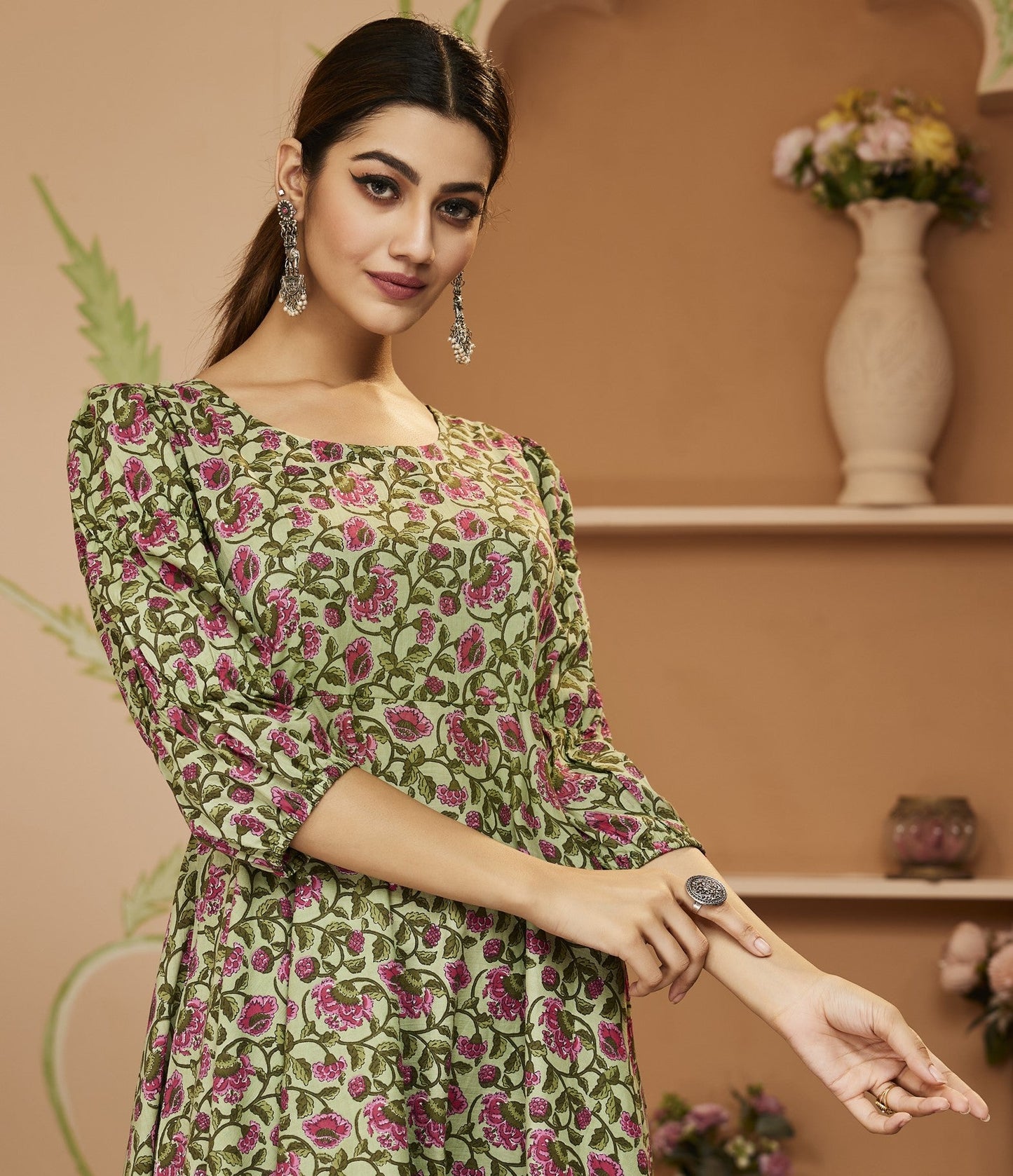 HandBlock Floral Printed Green Anarkali Cotton Kurta Set, Trousers For Women