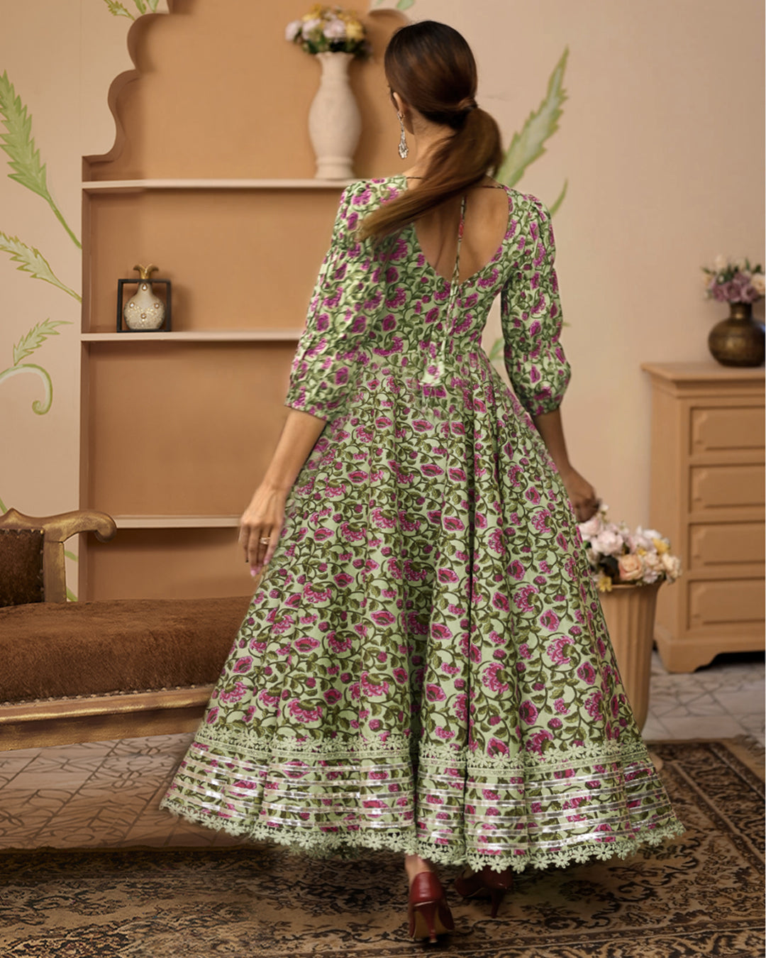 HandBlock Floral Printed Green Anarkali Cotton Kurta Set, Trousers For Women