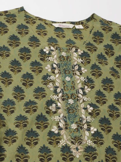 Green Floral Print Cotton Embroidered Kurta Set with Dupatta For Women