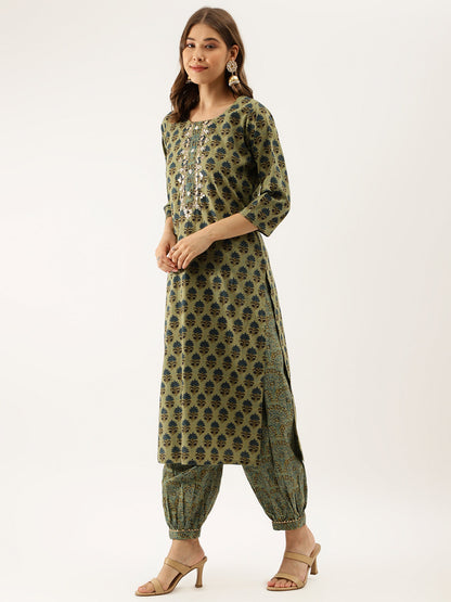 Green Floral Print Cotton Embroidered Kurta Set with Dupatta For Women