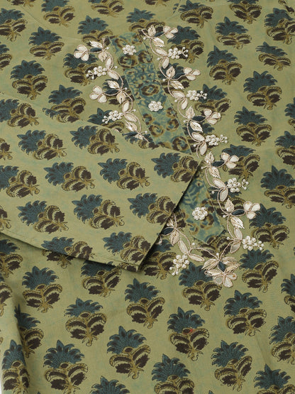 Green Floral Print Cotton Embroidered Kurta Set with Dupatta For Women