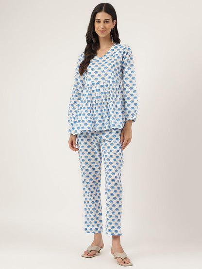 Divena White Animal Printed Cotton Peplum Top Pant Co-ords Sets - divena world