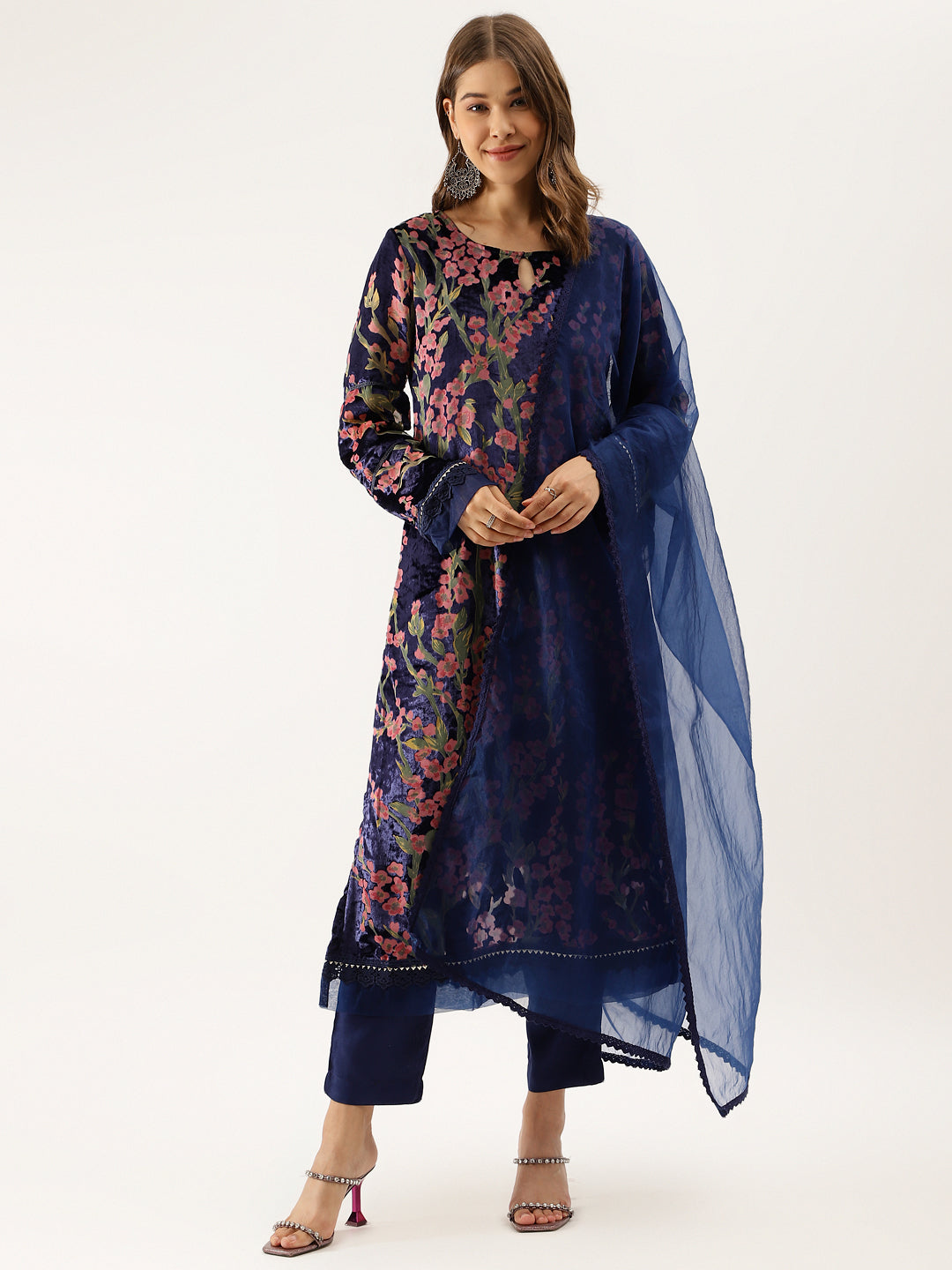 Blue Floral Burnout Velvet Kurta Set with Organza Dupatta For Women