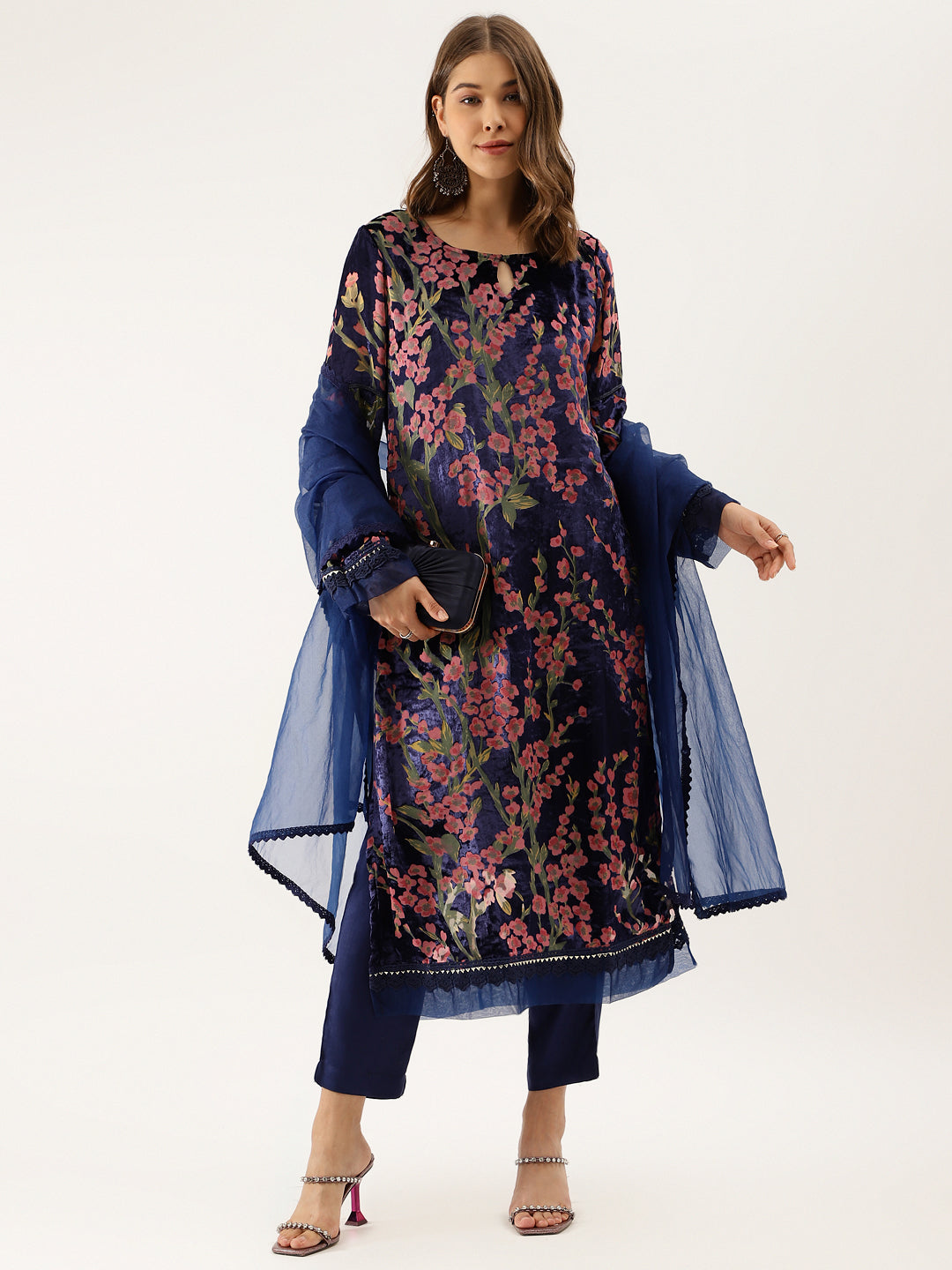 Blue Floral Burnout Velvet Kurta Set with Organza Dupatta For Women