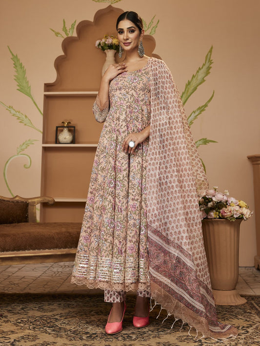 Handblock Floral Printed Beige Anarkali Cotton Kurta Set, Trousers & Dupatta