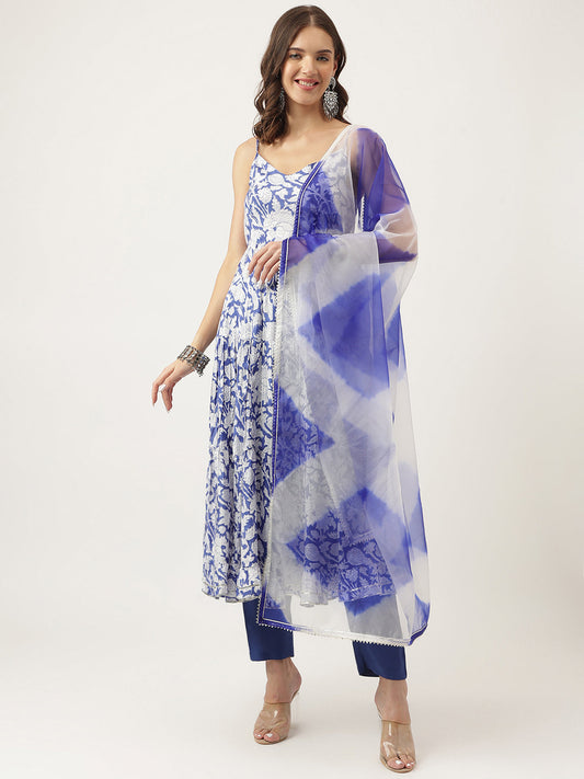 Blue Muslin Floral Printed Kurta Set Trouser & Dupatta For Women