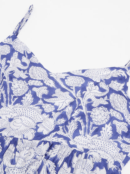 Blue Muslin Floral Printed Kurta Set Trouser & Dupatta For Women