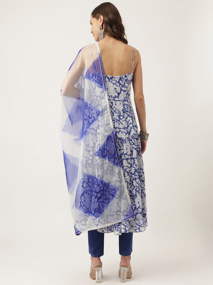 Blue Muslin Floral Printed Kurta Set Trouser & Dupatta For Women