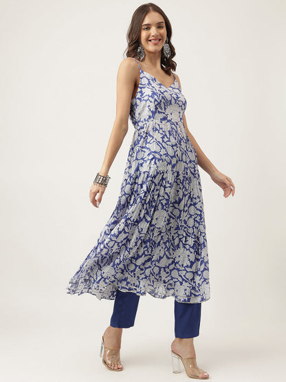 Blue Muslin Floral Printed Kurta Set Trouser & Dupatta For Women