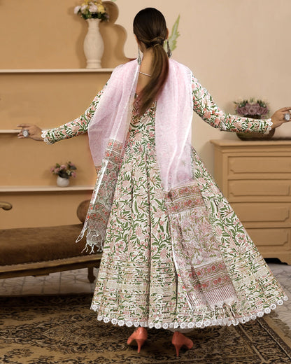 Handblock Printed Green Anarkali Cotton Kurta Set, Trousers & Dupatta For Women