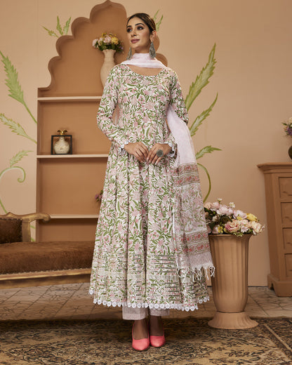 Handblock Printed Green Anarkali Cotton Kurta Set, Trousers & Dupatta For Women