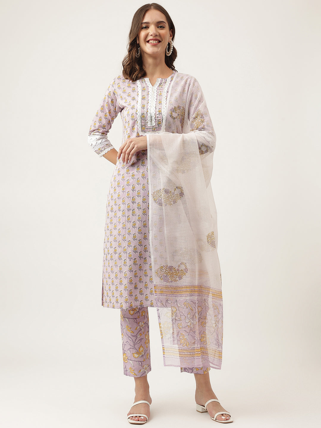 Lavender Hand Block Printed Cotton Kurta Set, Trouser with Kota Doria Dupatta