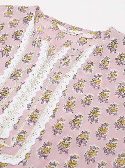 Lavender Hand Block Printed Cotton Kurta Set, Trouser with Kota Doria Dupatta