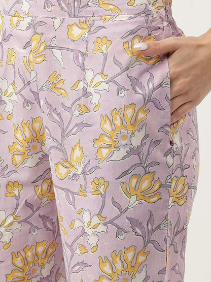 Lavender Hand Block Printed Cotton Kurta Set, Trouser with Kota Doria Dupatta