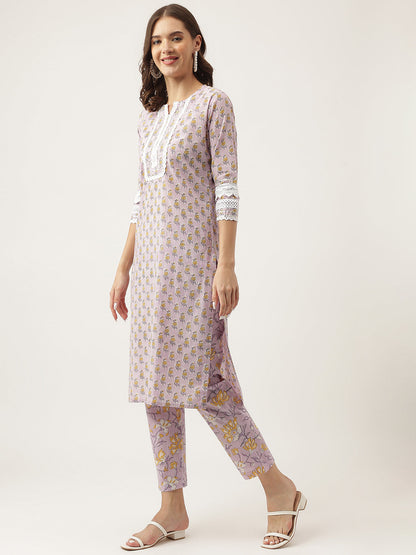 Lavender Hand Block Printed Cotton Kurta Set, Trouser with Kota Doria Dupatta