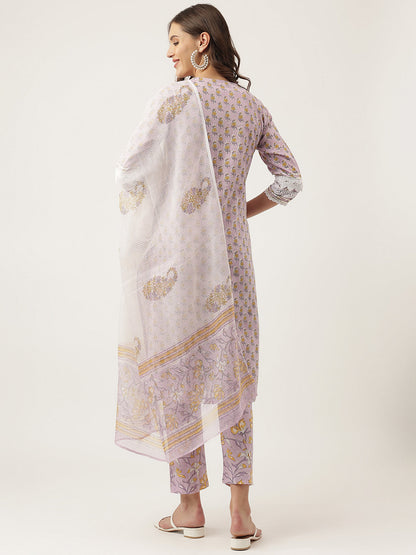 Lavender Hand Block Printed Cotton Kurta Set, Trouser with Kota Doria Dupatta