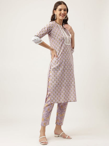 Lavender Hand Block Printed Cotton Kurta Set, Trouser with Kota Doria Dupatta