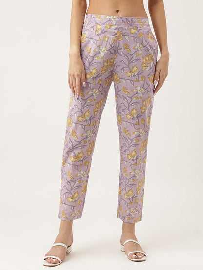 Lavender Hand Block Printed Cotton Kurta Set, Trouser with Kota Doria Dupatta