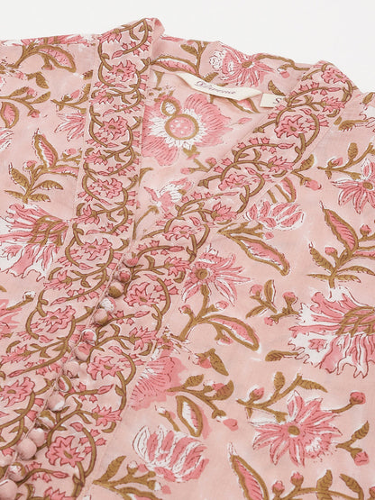 Pink hand block Floral Printed Cotton Kurta Set For Women, trousers with Dupatta Set