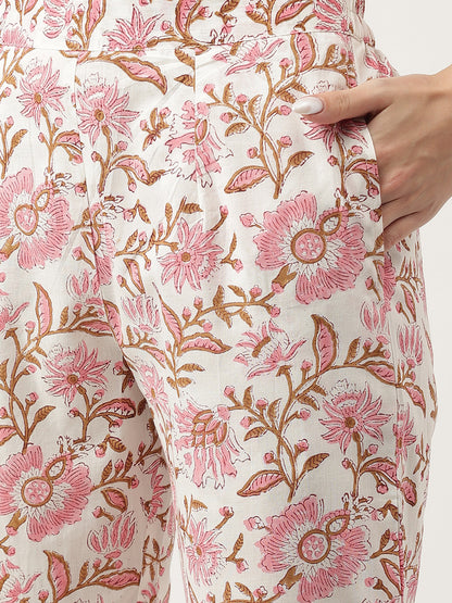 Pink hand block Floral Printed Cotton Kurta Set For Women, trousers with Dupatta Set