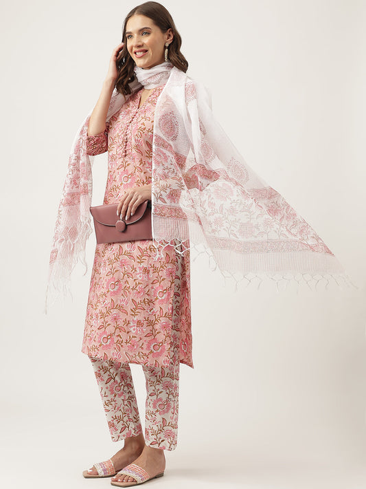 Pink hand block Floral Printed Cotton Kurta Set For Women, trousers with Dupatta Set