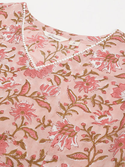 Pink Floral HandBlock Printed Cotton Anarkali Kurta Set For Women Trouser with Dupatta