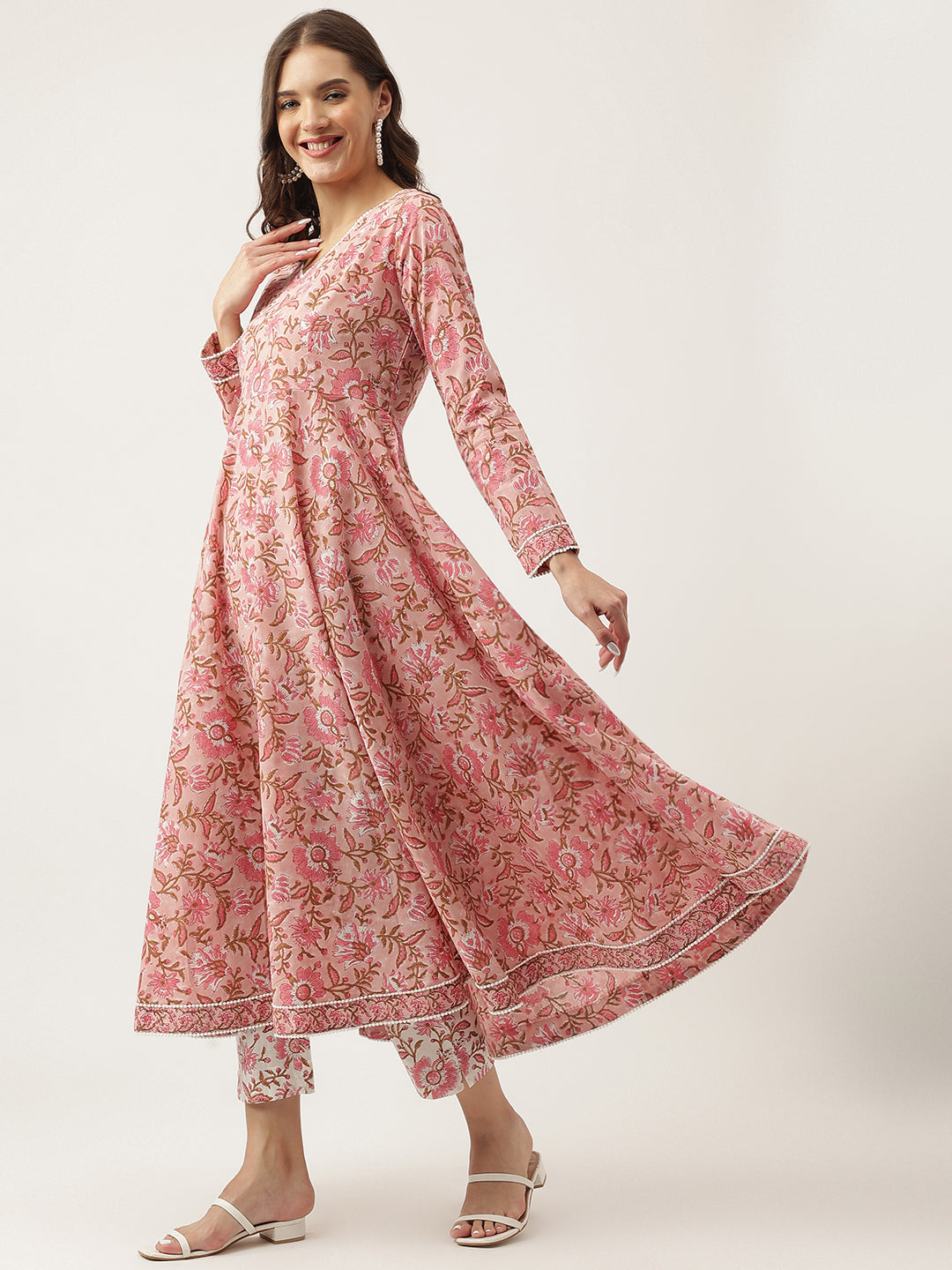 Pink Floral HandBlock Printed Cotton Anarkali Kurta Set For Women Trouser with Dupatta