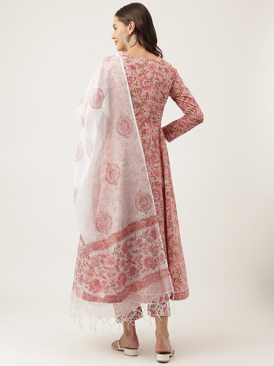 Pink Floral HandBlock Printed Cotton Anarkali Kurta Set For Women Trouser with Dupatta