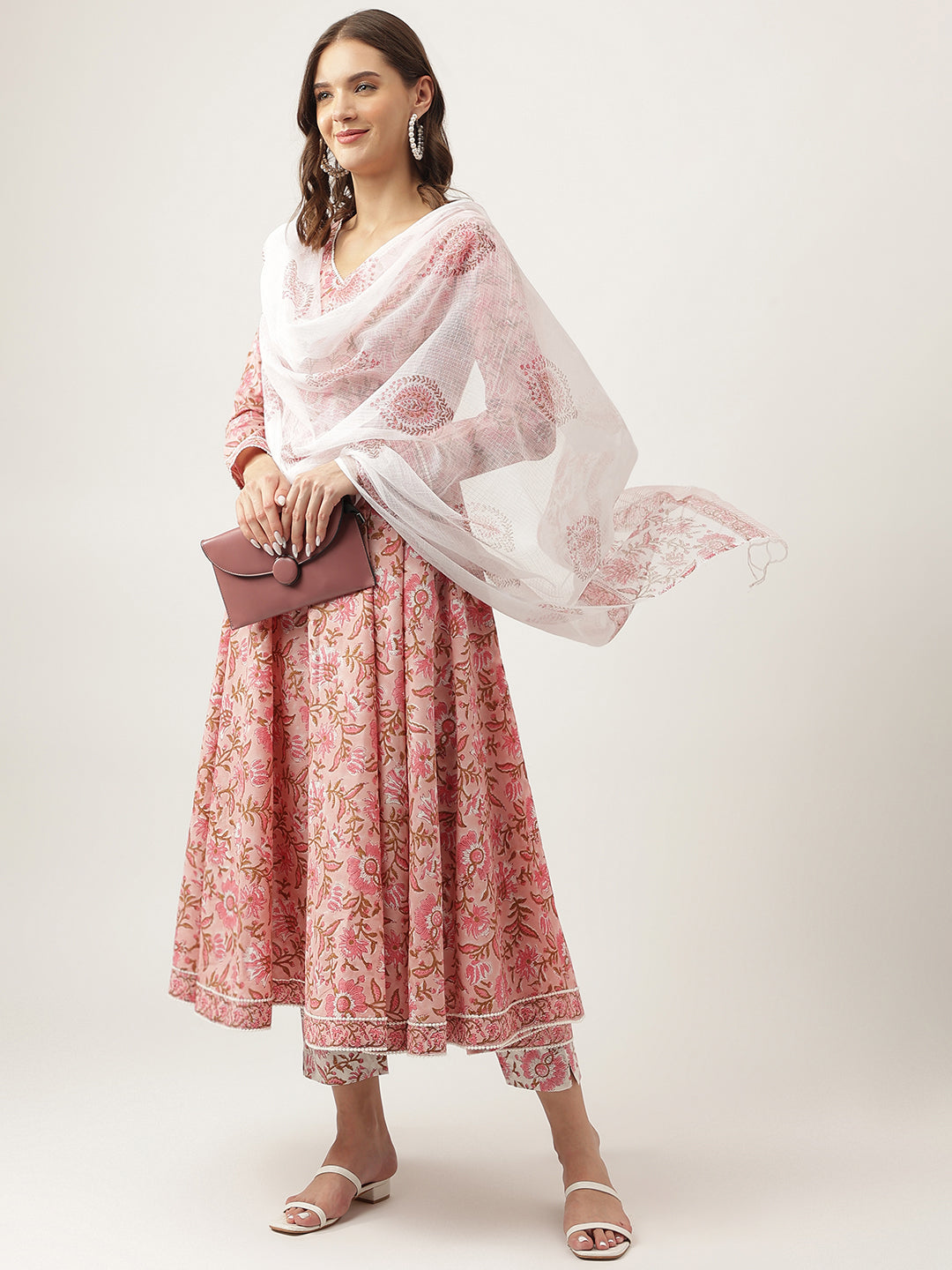 Pink Floral HandBlock Printed Cotton Anarkali Kurta Set For Women Trouser with Dupatta