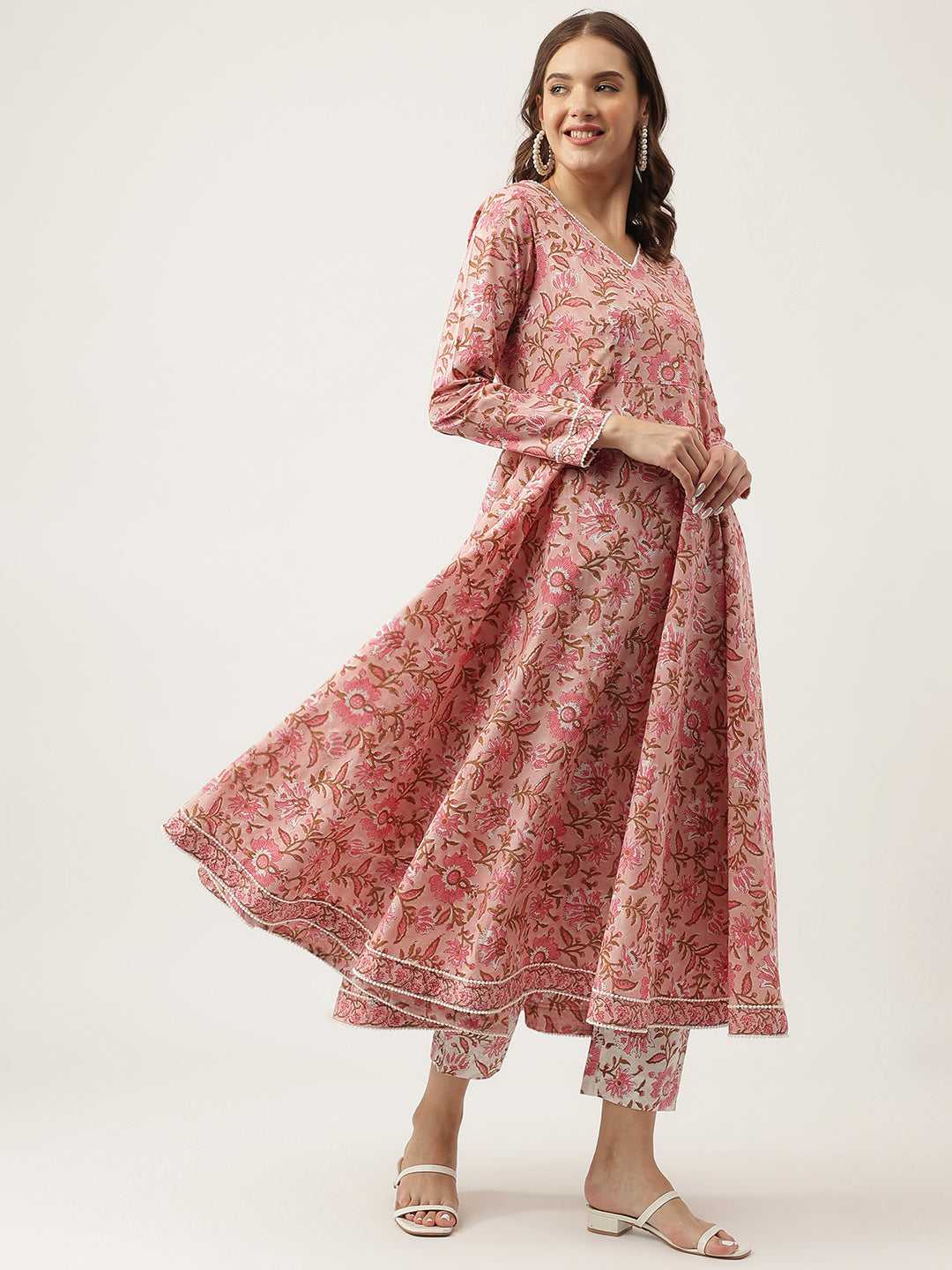 Pink Floral HandBlock Printed Cotton Anarkali Kurta Set For Women Trouser with Dupatta