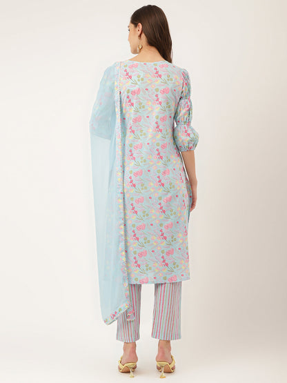 Blue Floral Print Cotton Kurta Set With Trouser & Dupatta For Women