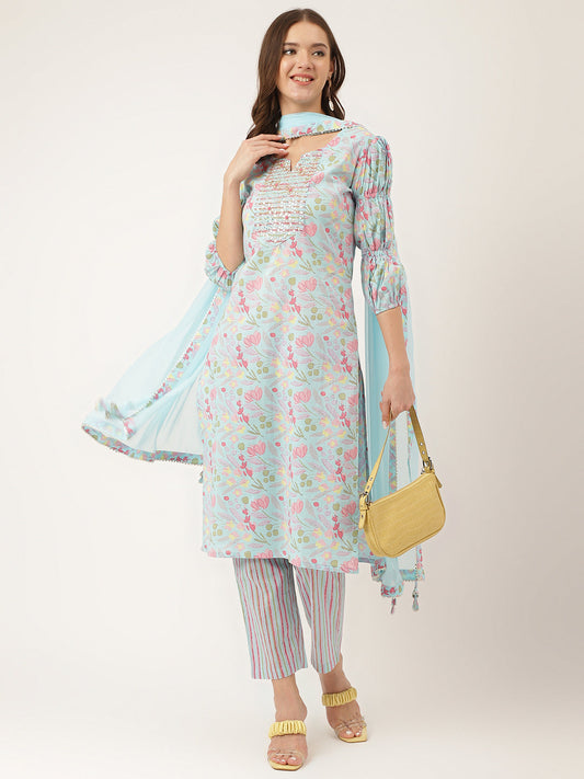 Blue Floral Print Cotton Kurta Set With Trouser & Dupatta For Women