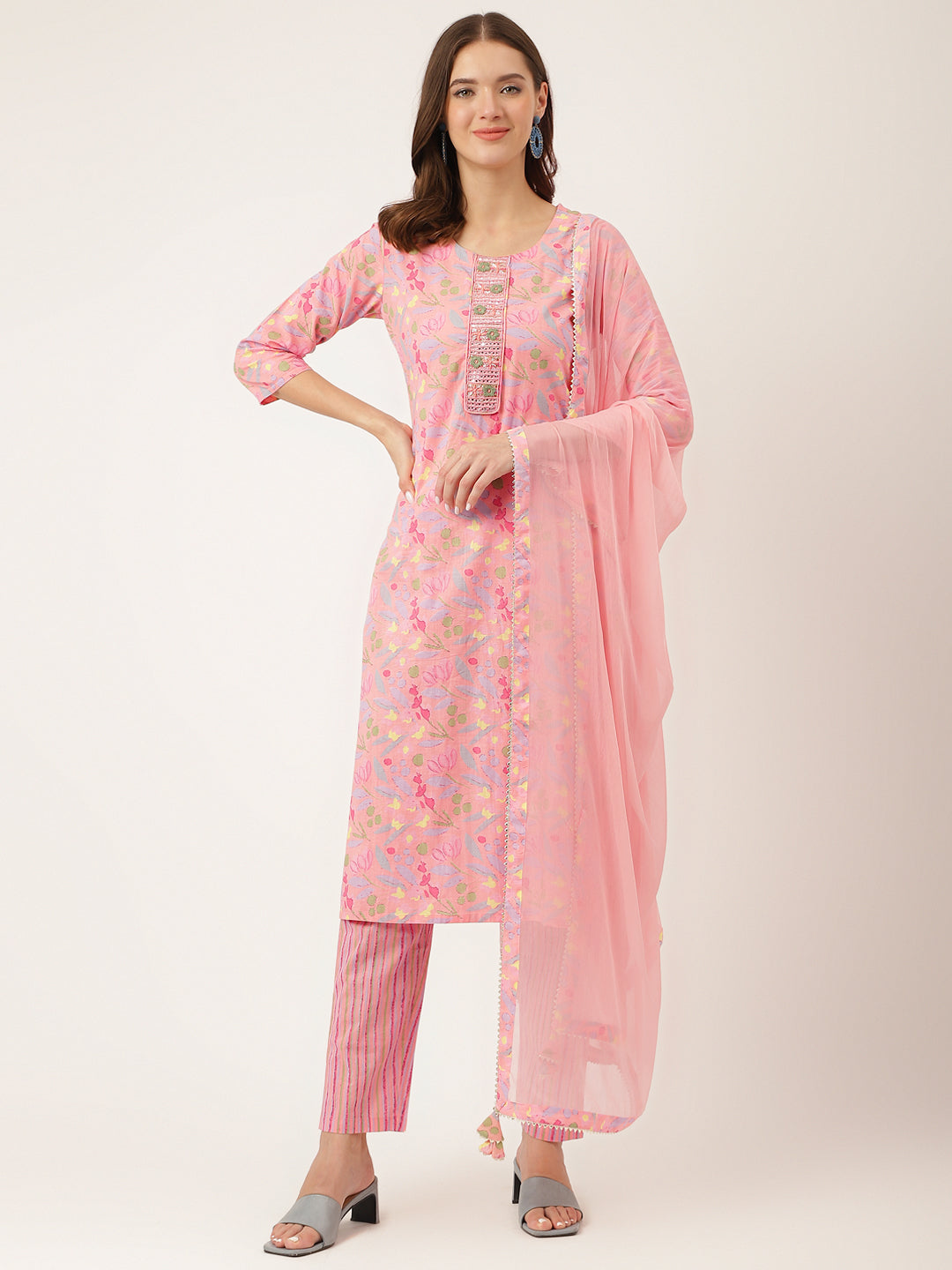 Pink Floral Print Cotton Kurta Set For Women, Trouser With Dupatta