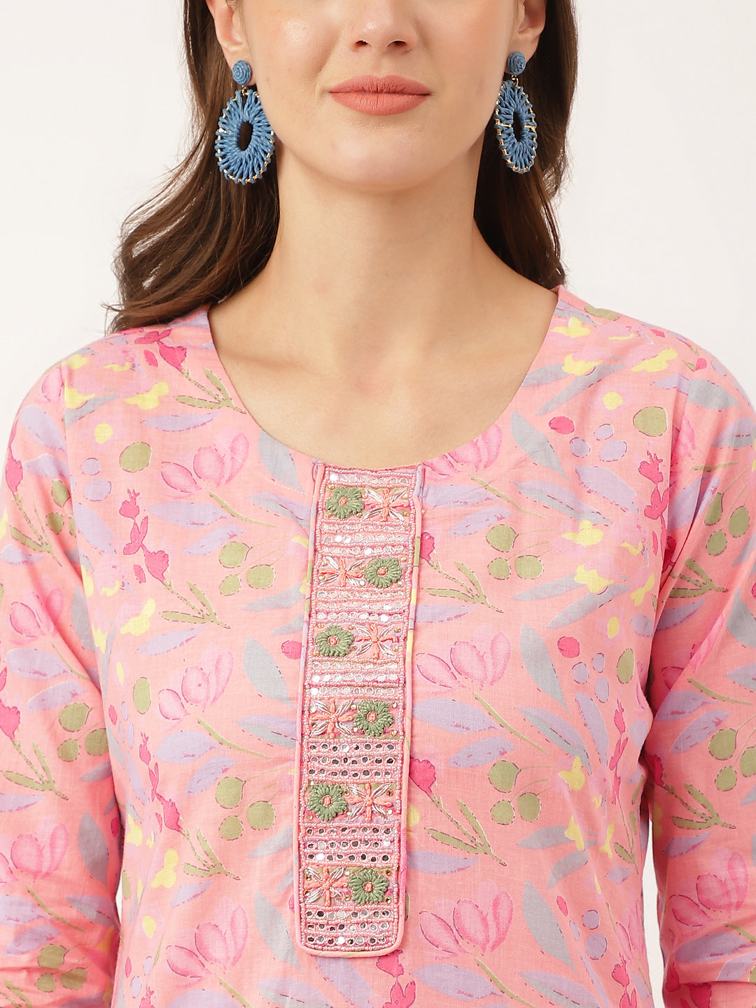 Pink Floral Print Cotton Kurta Set For Women, Trouser With Dupatta