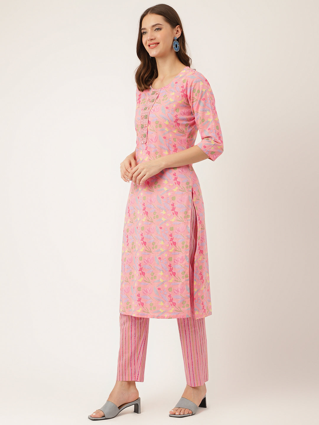 Pink Floral Print Cotton Kurta Set For Women, Trouser With Dupatta