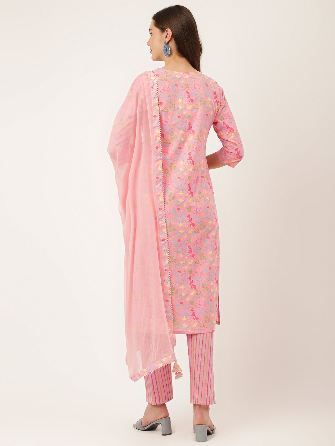 Pink Floral Print Cotton Kurta Set For Women, Trouser With Dupatta