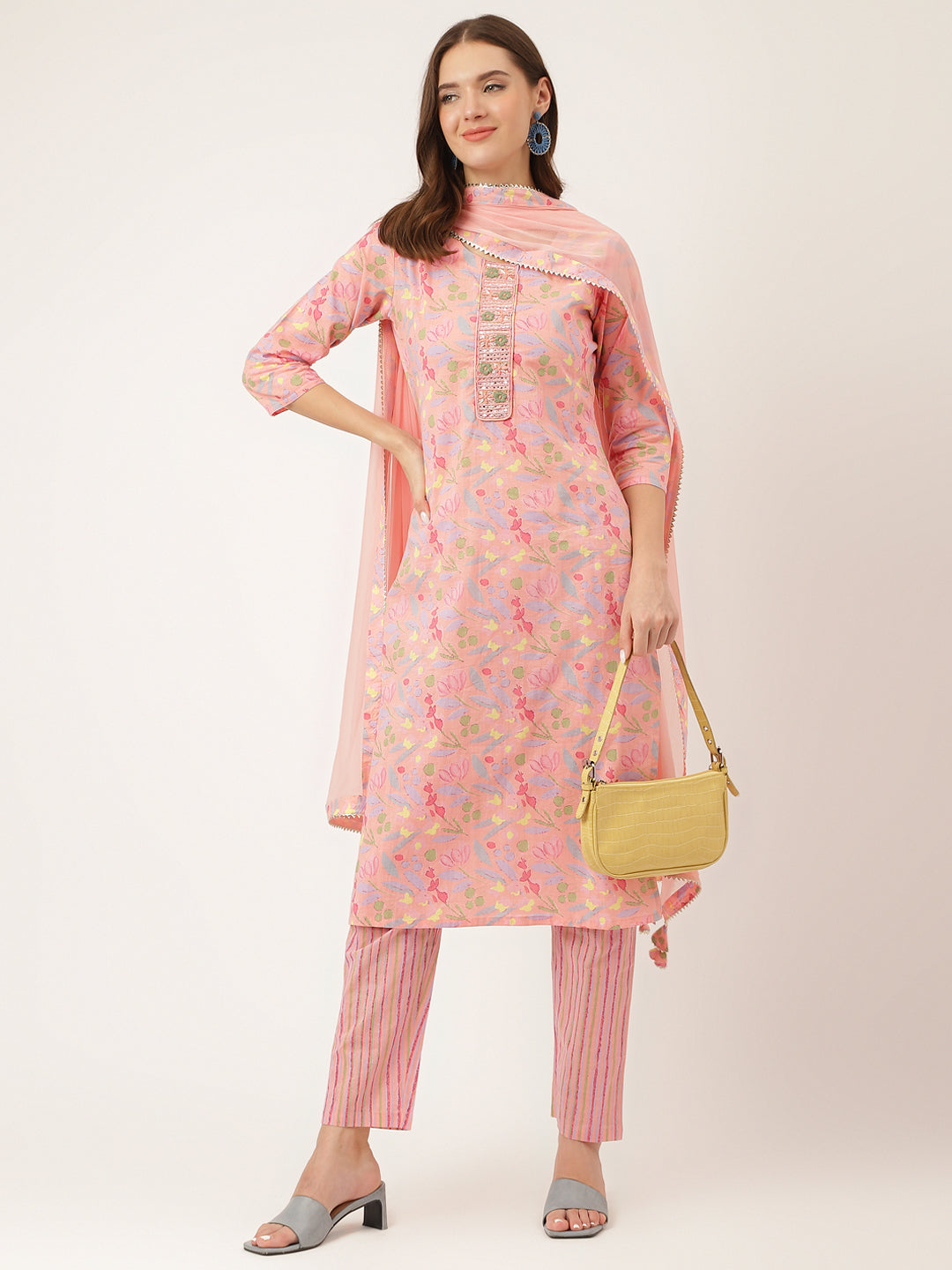 Pink Floral Print Cotton Kurta Set For Women, Trouser With Dupatta