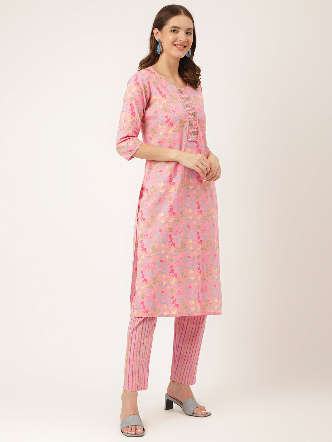 Pink Floral Print Cotton Kurta Set For Women, Trouser With Dupatta