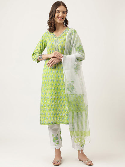 Green Handblock Floral Printed Kurta Set, Trouser & Kota Doria Dupatta