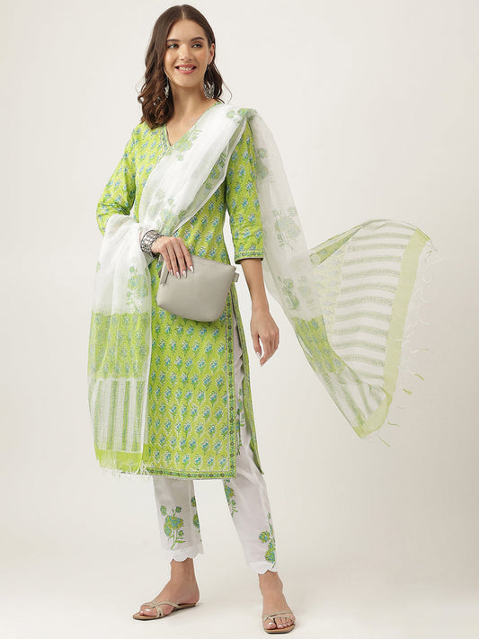 Green Handblock Floral Printed Kurta Set, Trouser & Kota Doria Dupatta