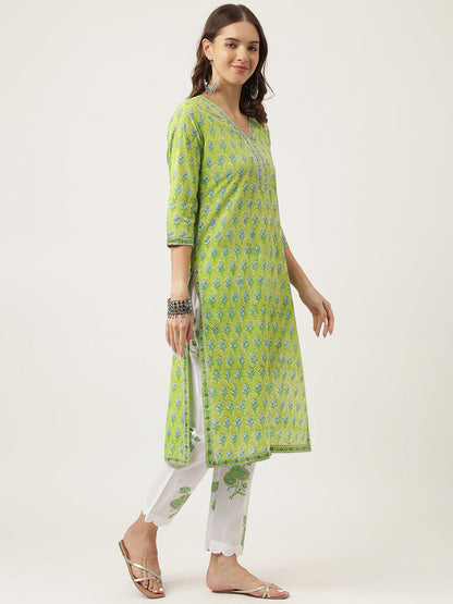 Green Handblock Floral Printed Kurta Set, Trouser & Kota Doria Dupatta