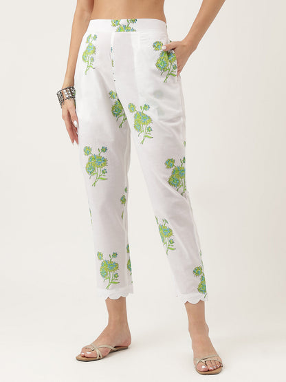 Green Handblock Floral Printed Kurta Set, Trouser & Kota Doria Dupatta